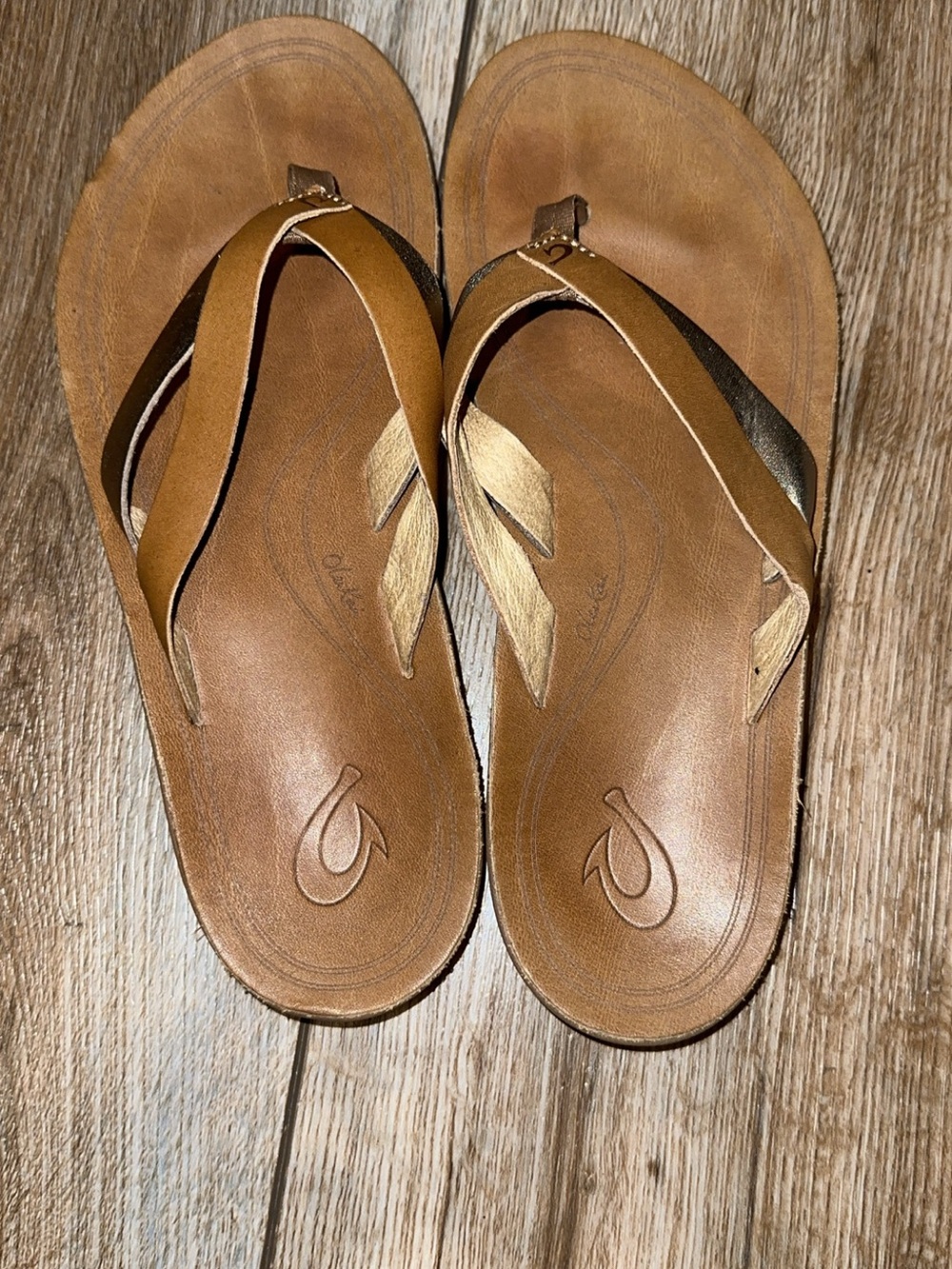 OluKai Tan and Gold Leather Women's Flip Flop Sandals